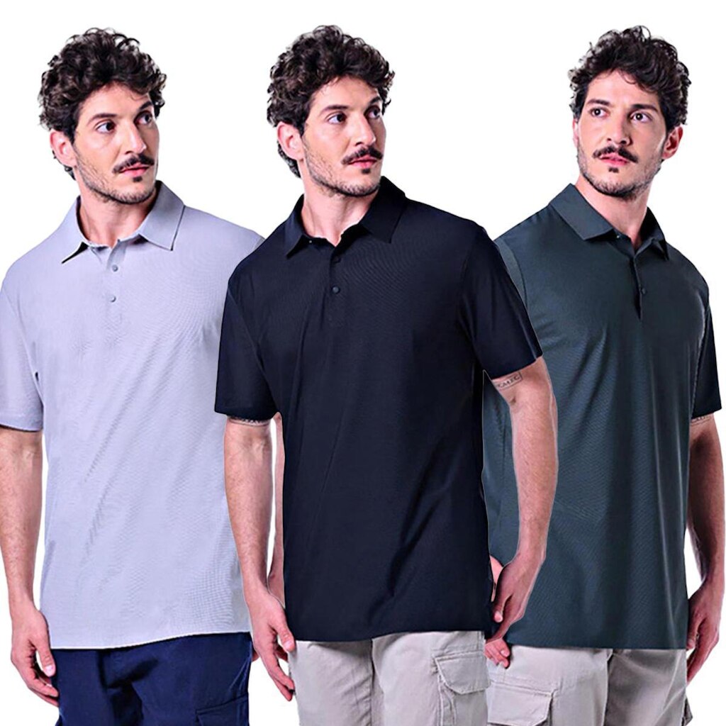 Kit 3 Polos Masculinas Com Botão Pacific Blue