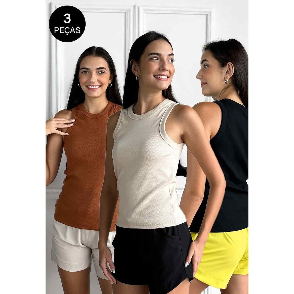 Kit 3 Regatas Canelada Confortável Feminina 100% Algodão Preto, Off-White e Bronze