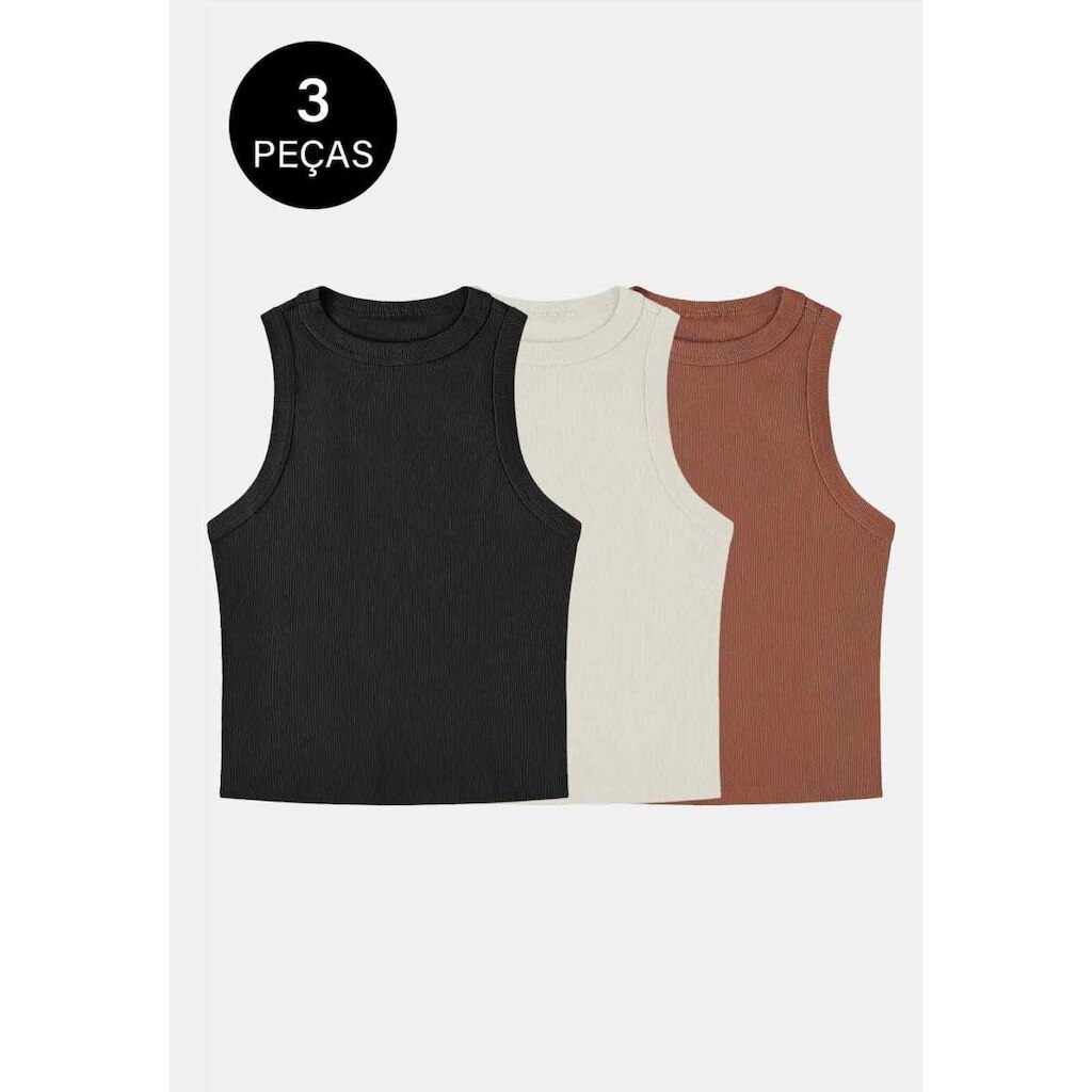 Kit 3 Regatas Canelada Confortável Feminina 100% Algodão Preto, Off-White e Bronze