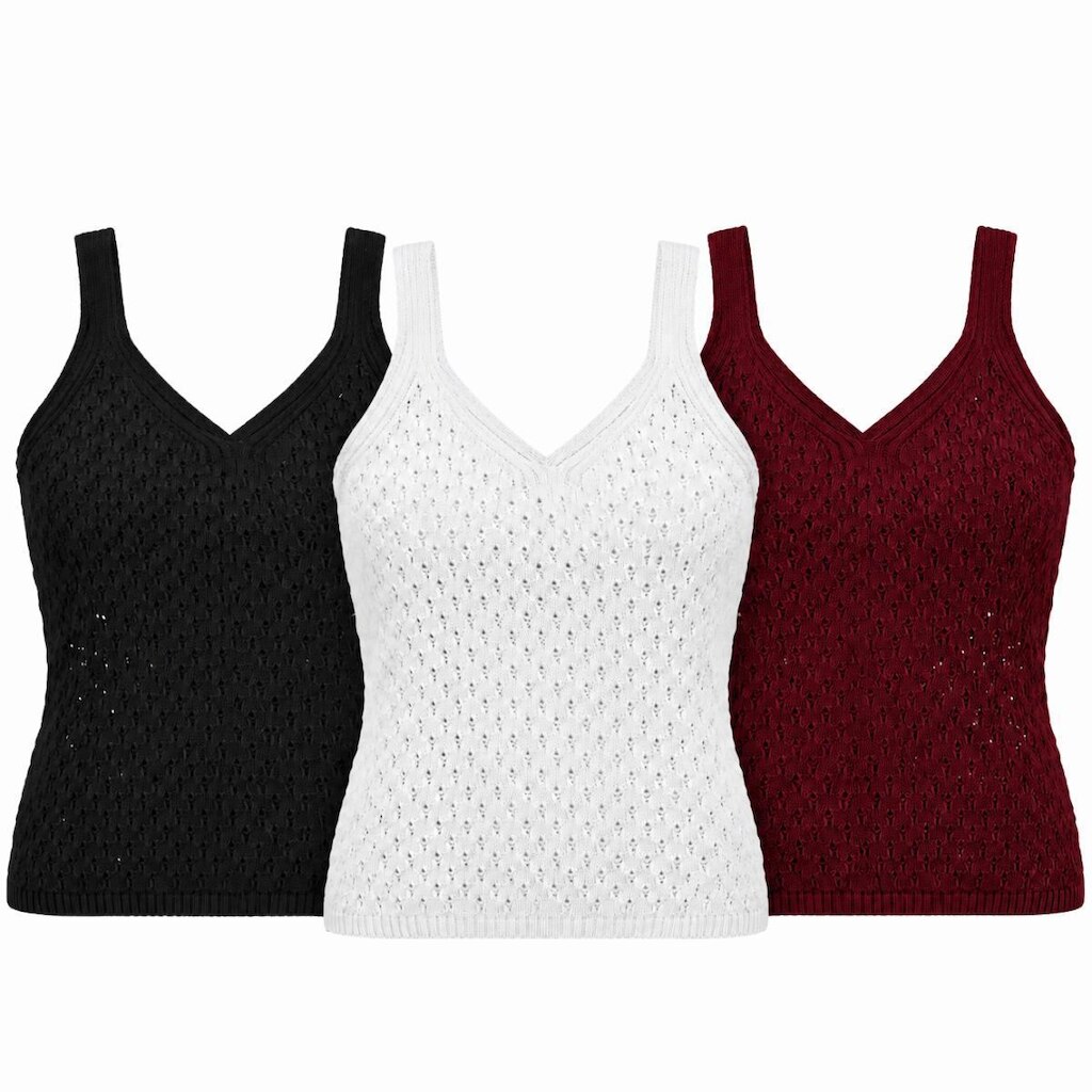 Kit 3 Regatas Femininas Tricô Furadinha Decote V Blusa de Alça Verão