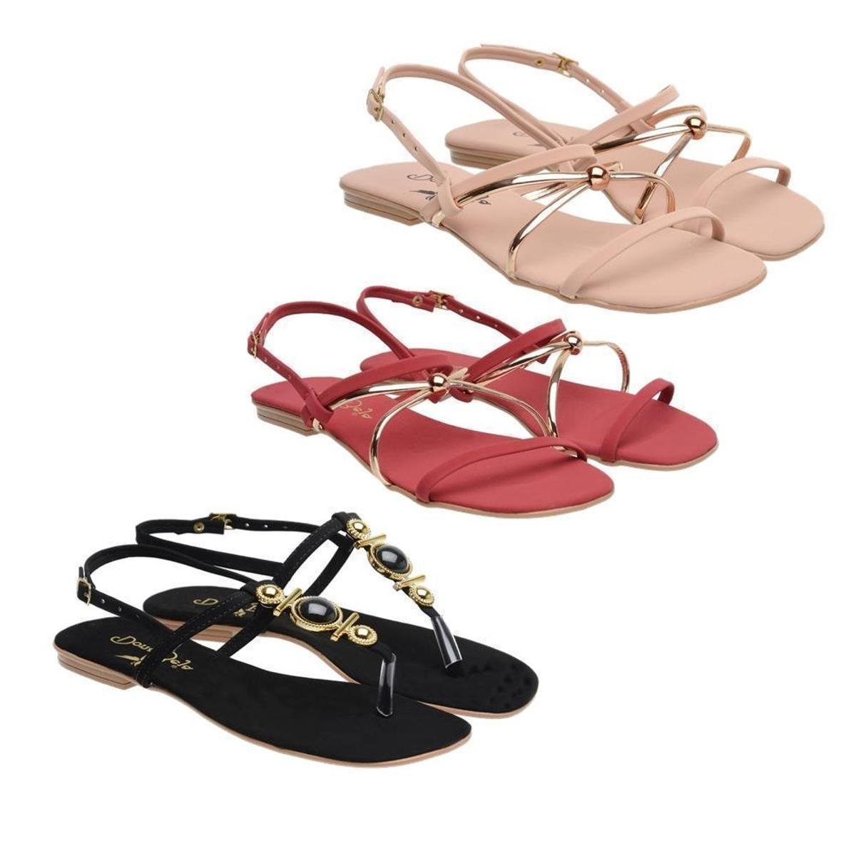 Kit 3 Sandália Rasteira Feminina Fivela Tiras Conforto Verão - Salmão+Preto  | Zattini