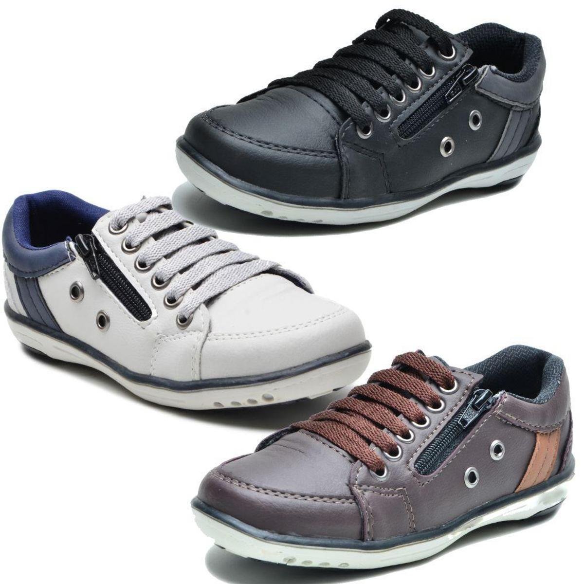 Kit 3 Sapatênis Casual Infantil Menino Preto/ Branco / Café com Ziper - Branco Menor preço em Kit 3 Sapatênis Casual Infantil Menino Preto/ Branco / Café com Ziper - Branco