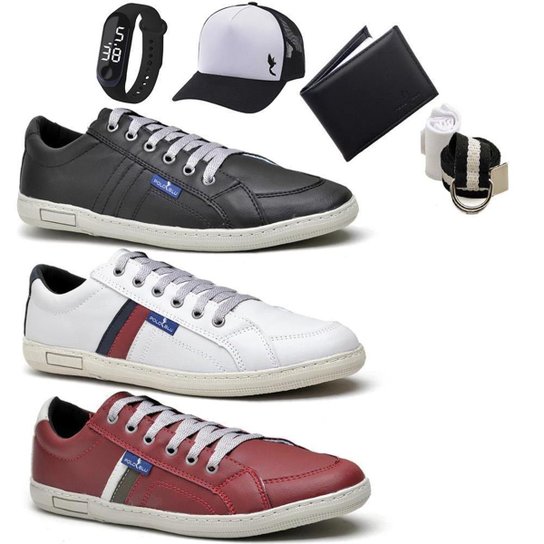 Kit 3 Sapatênis Casual Leve + Carteira + Boné + Acessórios - Preto+Vermelho