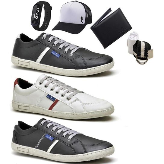 Kit 3 Sapatênis Masculino + Carteira + Boné + Acessórios - Preto+Cinza
