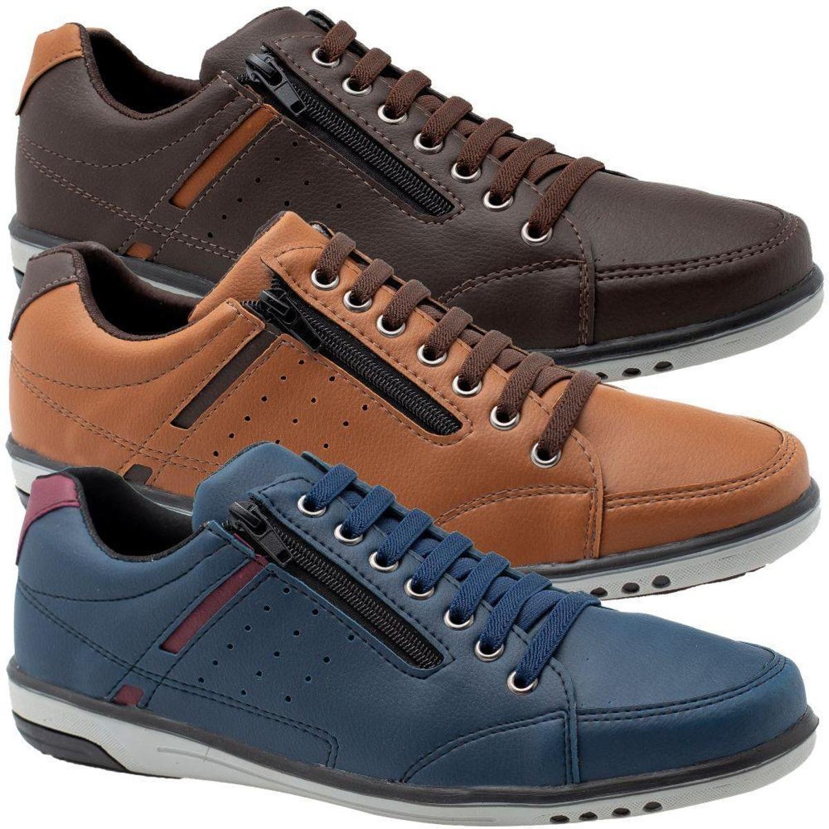 Kit 3 Sapatênis Masculino Casual Café, Conhaque e Azul Elástico e Zíper 750 Menor preço em Kit 3 Sapatênis Masculino Casual Café, Conhaque e Azul Elástico e Zíper 750