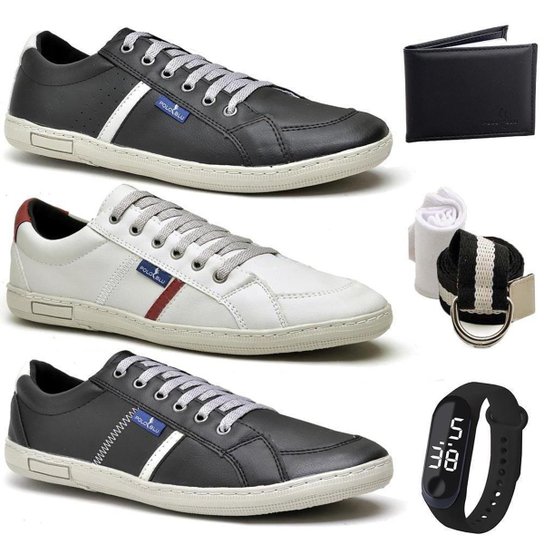 Kit 3 Sapatênis Masculino Macio + Carteira + Acessórios - Preto+Cinza