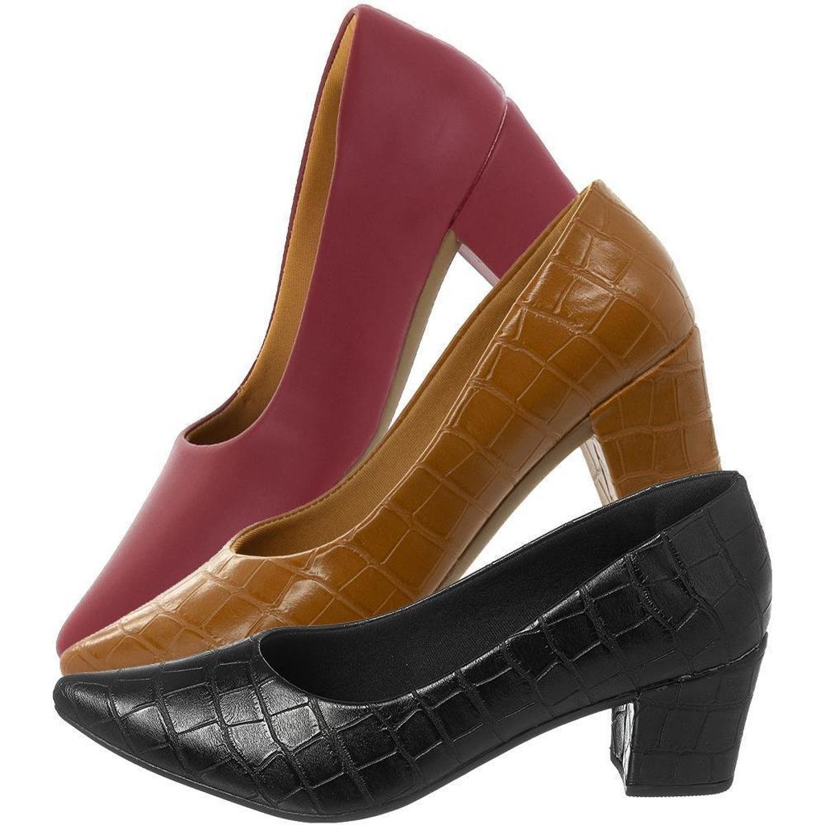 Kit 3 Sapatos Scarpin feminino salto grosso Preto, Caramelo, Vermelho Menor preço em Kit 3 Sapatos Scarpin feminino salto grosso Preto, Caramelo, Vermelho