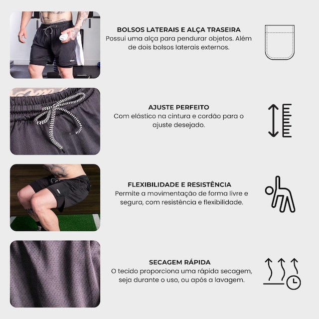 Kit 3 Short Masculino Academia Esportivo 2 em 1 Short Segunda Pele Calção Corrida Fitness Treino