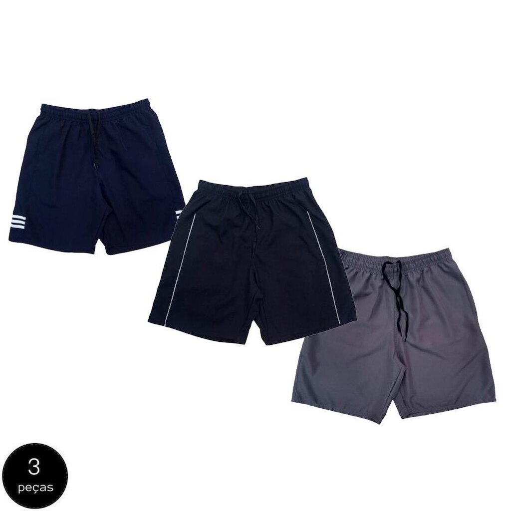 Kit 3 Shorts Bermuda Tactel Black Bear Liso Masculina