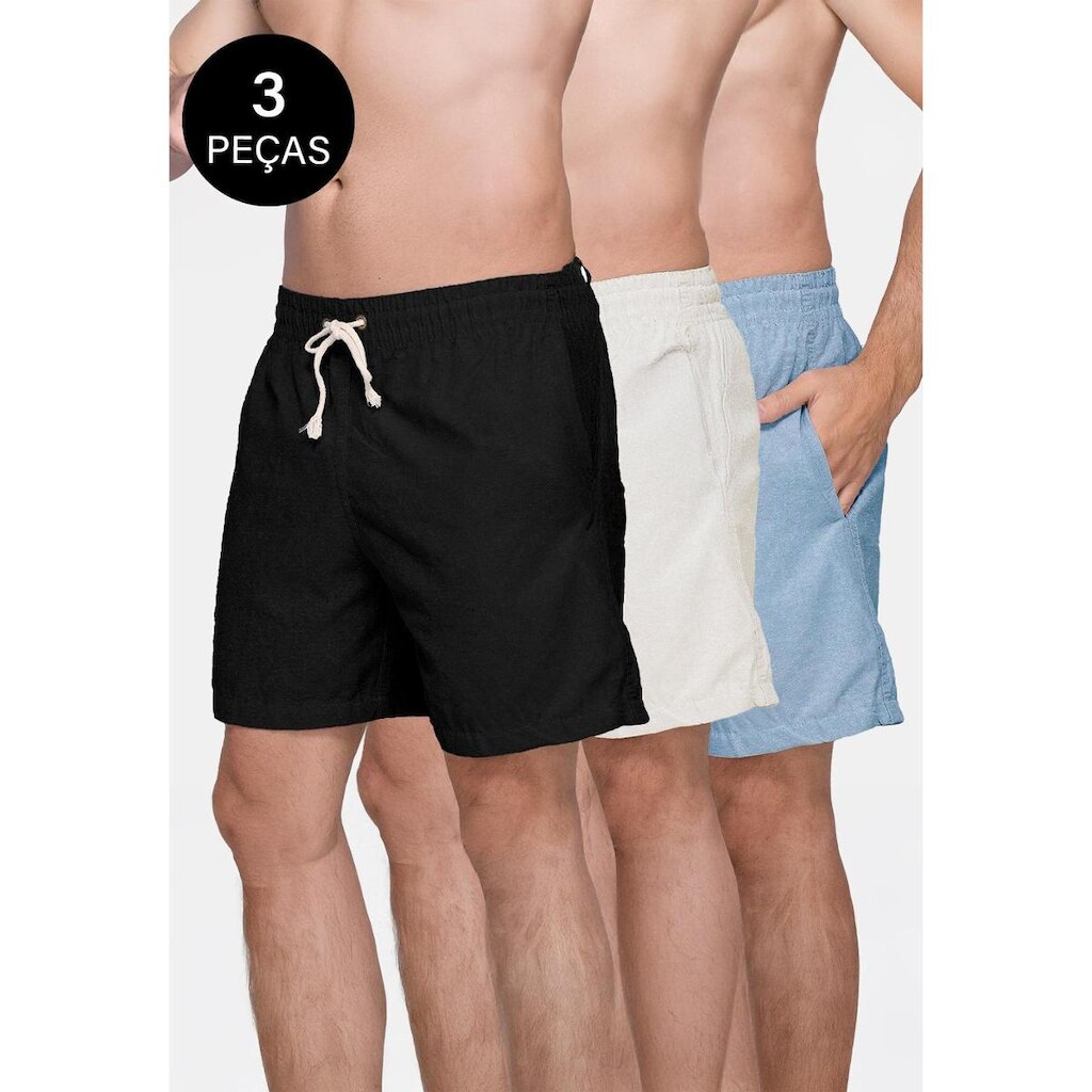 Kit 3 Shorts Linho Bermudas Masculino Praia Premium Preto, Azul e Off-White
