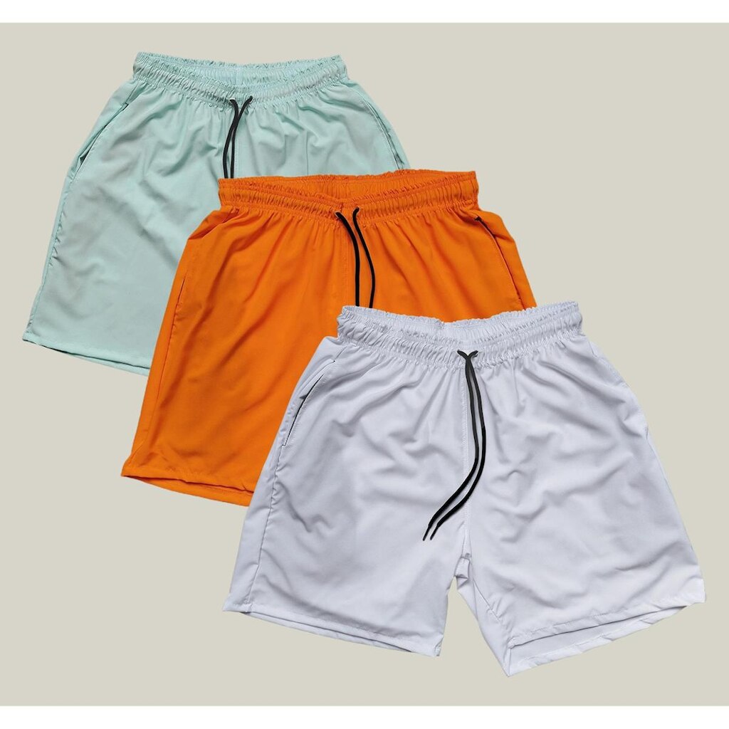 Kit 3 Shorts Praia Masculino Elastano Premium WSS Branco Laranja e Verde Água