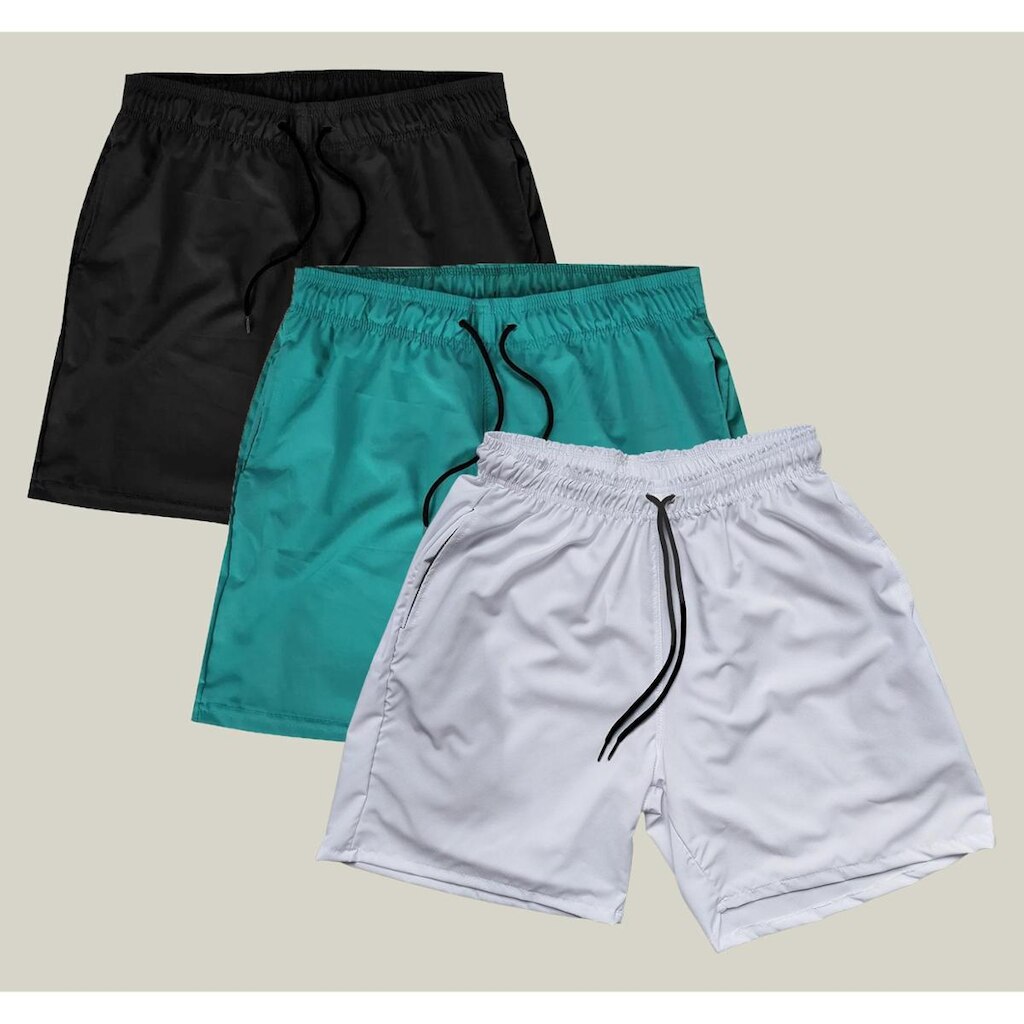 Kit 3 Shorts Praia Masculino Elastano Premium WSS Branco Preto e Verde