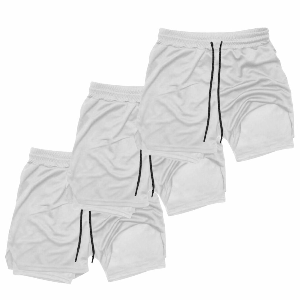 Kit 3 Shorts Treino Dry Térmico 2 em 1 com Bolso para Cel. e Porta-Toalha Calção Fitness Academia