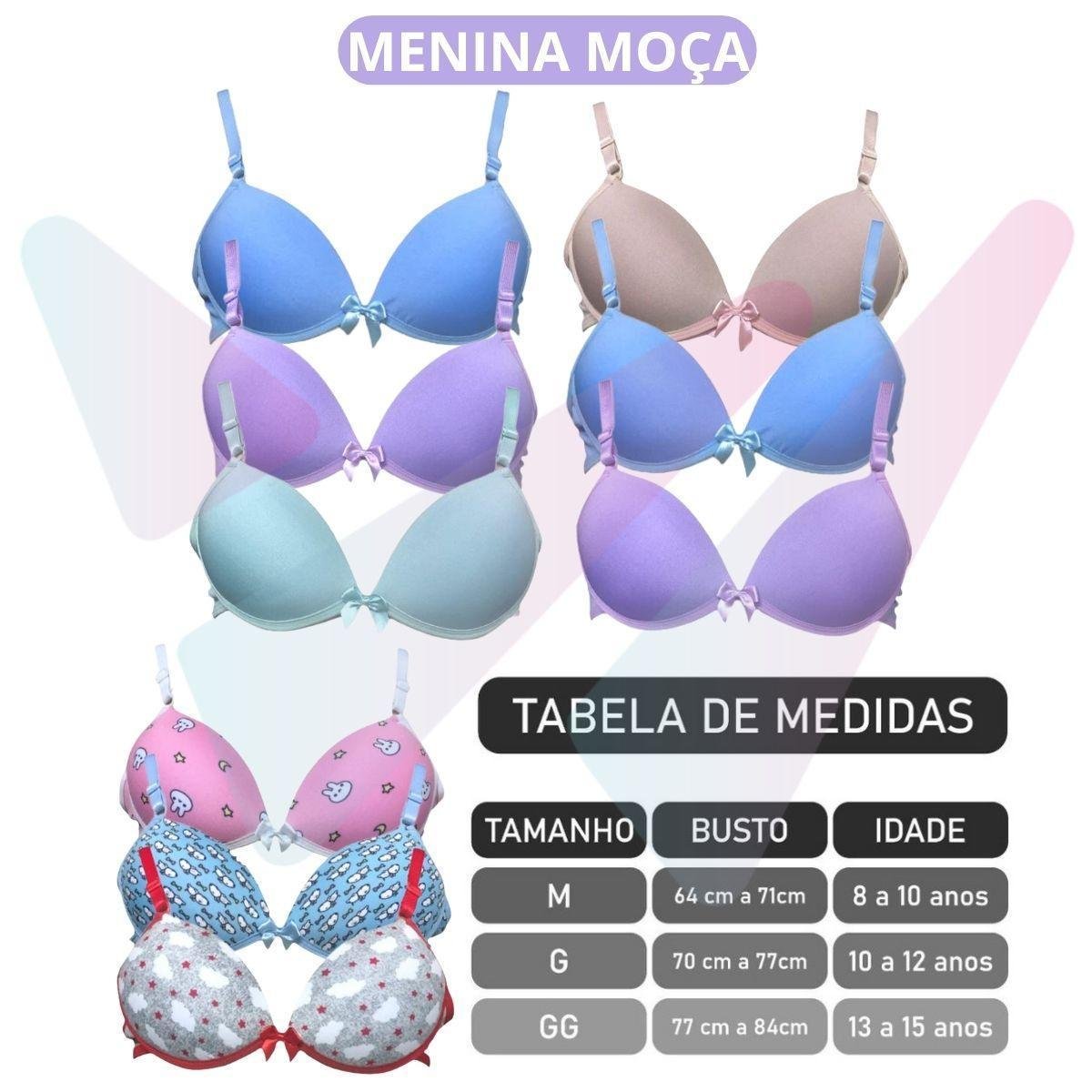 Kit 3 Sutiã Com Bojo Menina Moça Soutien Juvenil Liso Estampado o ...