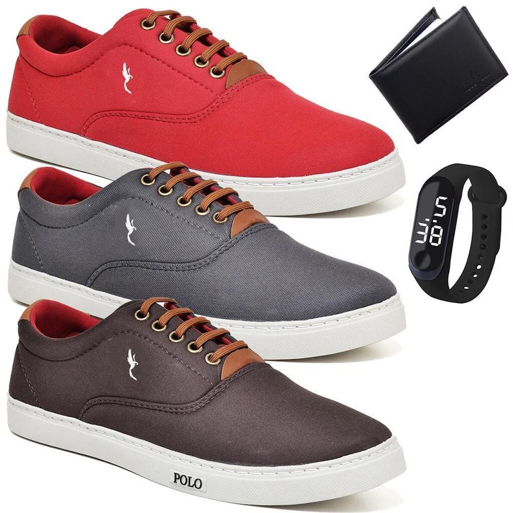 Kit 3 Tênis Casual + Relógio Digital + Carteira Conforto