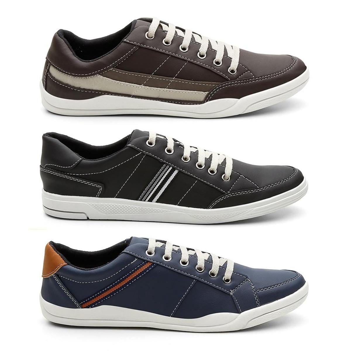 Kit 3 Tênis Sapatênis Masculino Casual Sola Flexível Conforto - Marrom Claro+Azul Menor preço em Kit 3 Tênis Sapatênis Masculino Casual Sola Flexível Conforto - Marrom Claro+Azul
