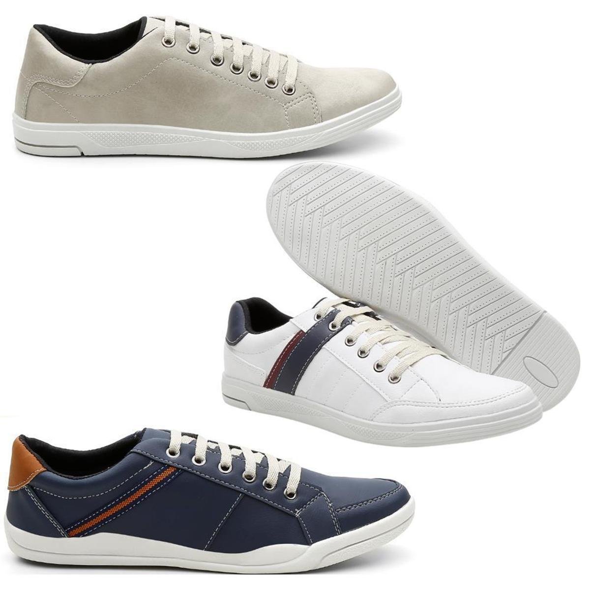 Kit 3 Tênis Sapatênis Masculino Casual Sola Flexível Conforto - Bege+Azul Menor preço em Kit 3 Tênis Sapatênis Masculino Casual Sola Flexível Conforto - Bege+Azul