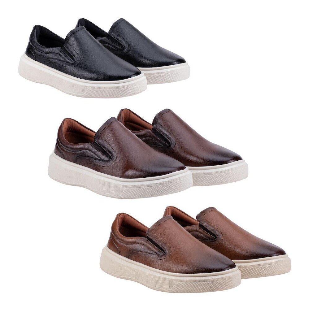 Kit 3 Tênis Slip On Iate Masculino Couro Confortável Calce Fácil