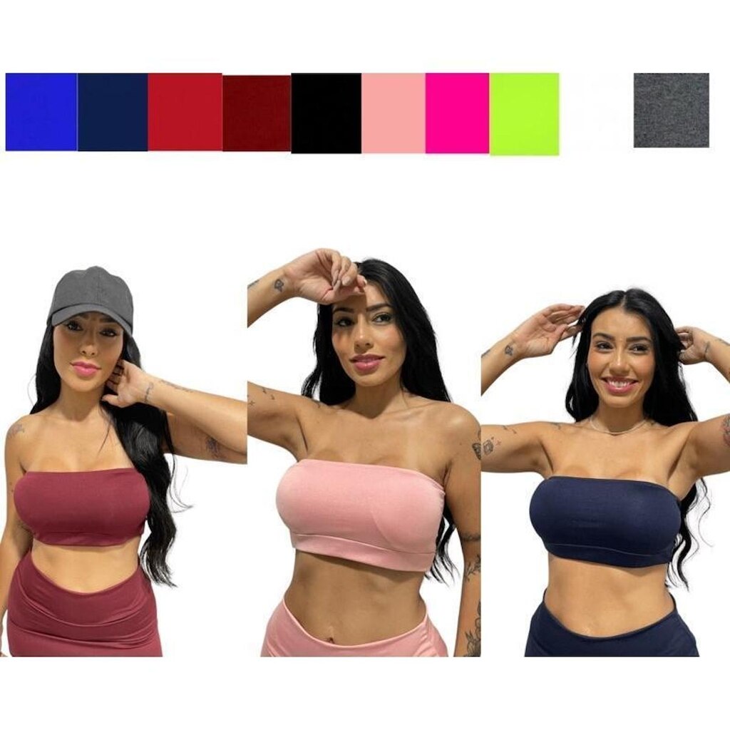 kit 3 Top faixa feminino sem bojo sem alça fitness