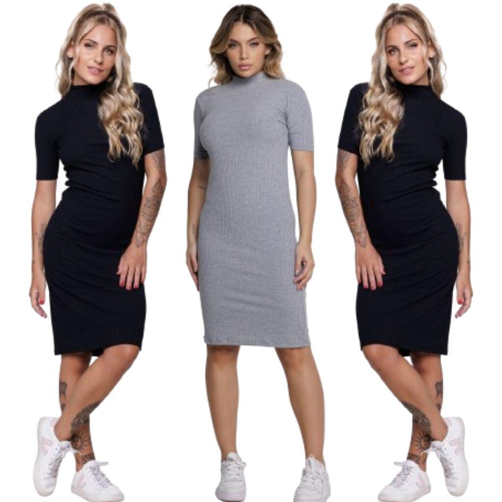 KIT 3 Vestido Midi Manga Curta Serra e Mar Modas Gola Alta Blogueira Canelado Moda Casual Feminina