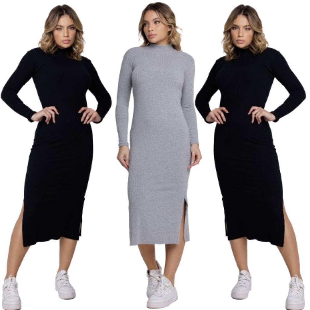KIT 3 Vestido Midi Manga Longa Bella Fiore Gola Alta Blogueira Canelado Moda Casual Feminina
