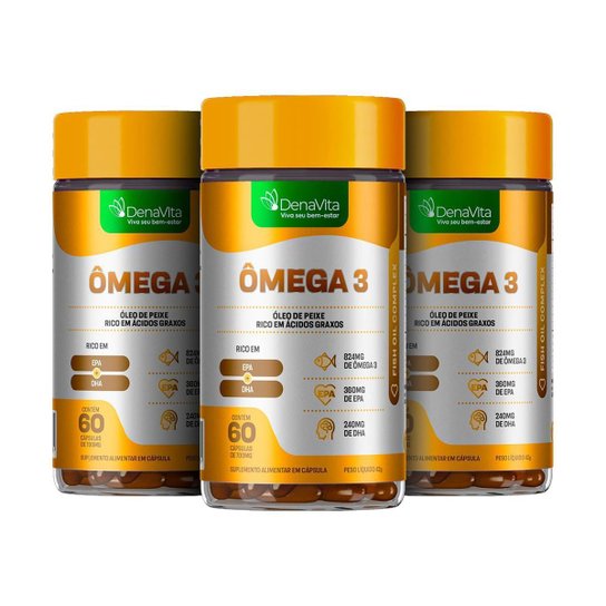 Kit 3x Ômega 3 Ultra Concentração 824mg, Epa 540mg, Dha 360mg, 180 Cápsulas, Denavita