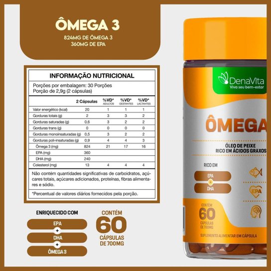 Kit 3x Ômega 3 Ultra Concentração 824mg, Epa 540mg, Dha 360mg, 180 Cápsulas, Denavita