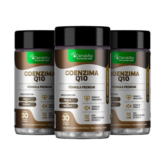 Kit 3x Pote Coenzima Q10, Ômega 3, Vitamina E, Coq10, Tcm, Vegano, Denavita