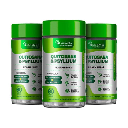 Kit 3x Pote Quitosana e Psyllium, Triptofano, Ácido Pantotênico, Denavita