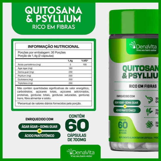 Kit 3x Pote Quitosana e Psyllium, Triptofano, Ácido Pantotênico, Denavita
