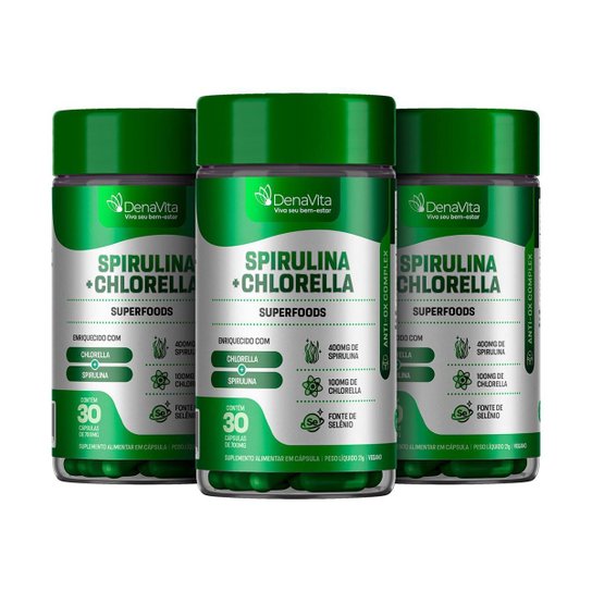 Kit 3x Pote Spirulina Com Chlorela 2x1, Rico em Proteínas, Vitaminas B, Selênio, Vegano, Denavita