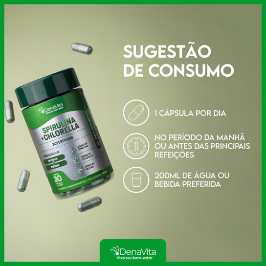 Kit 3x Pote Spirulina Com Chlorela 2x1, Rico em Proteínas, Vitaminas B, Selênio, Vegano, Denavita