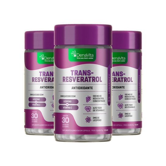 Kit 3x Pote Trans Resveratrol, Vitamina C, Licopeno, Antioxidante, Denavita