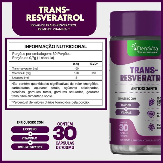 Kit 3x Pote Trans Resveratrol, Vitamina C, Licopeno, Antioxidante, Denavita