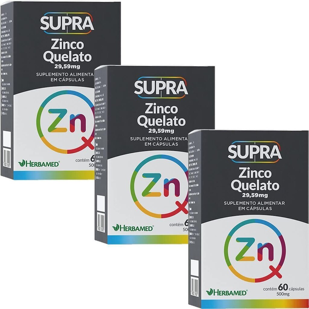 Kit 3X Supra Zinco Quelato - 29,59mg 60 Cápsulas - Herbamed