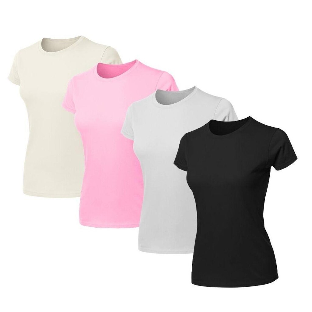 Kit 4 Blusas Feminina Baby Look Camiseta Lisa Básica Algodão Gola Redonda Slim Fit T-Shirt Casual