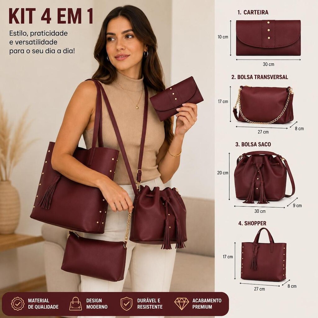 Kit 4 Bolsas Feminina Sacola Saquinho Baladinha E Carteira