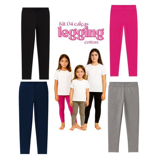 Kit 4 Calça Legging Cotton Infantil Juvenil Menina Cores básicas Lisas Roupa Feminina Verão 4-16