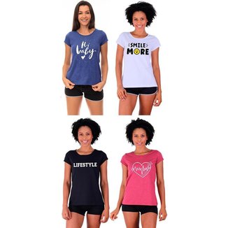 Kit 4 Camisa Babylook MXD Conceito Casual Fitness Cores Básicas e Estampas Diversas