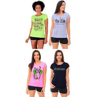 Kit 4 Camisa Babylook MXD Conceito Casual Fitness Cores Básicas e Estampas Diversas