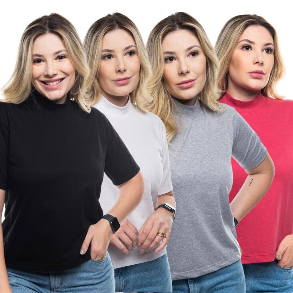 Kit 4 Camisetas Feminina Gola Alta Manga Curta Basica Lisa