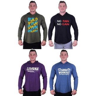 Kit 4 Camisetas Manga Longa com Touca Longline Estampada Treino Academia Lazer Casual