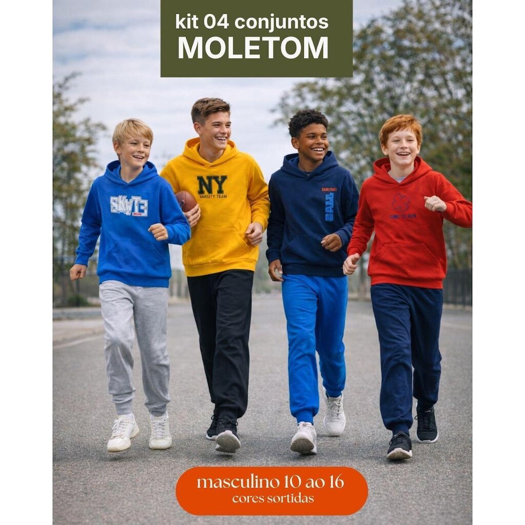 Kit 4 Conjunto Moletom Juvenil Masculino Blusa e Calça Flanelado, c/ capuz bolso canguru 10 ao 16