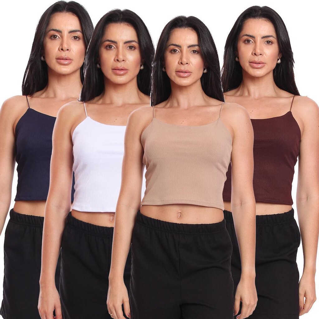 Kit 4 Cropped Alcinha Feminino Canelado Ribana Sem Bojo Básico Casual