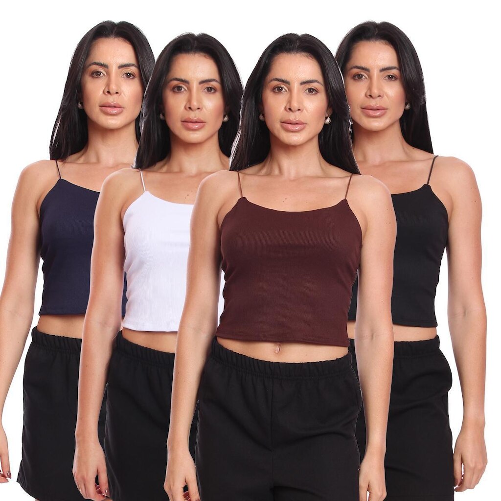Kit 4 Cropped Alcinha Feminino Canelado Ribana Sem Bojo Básico Casual