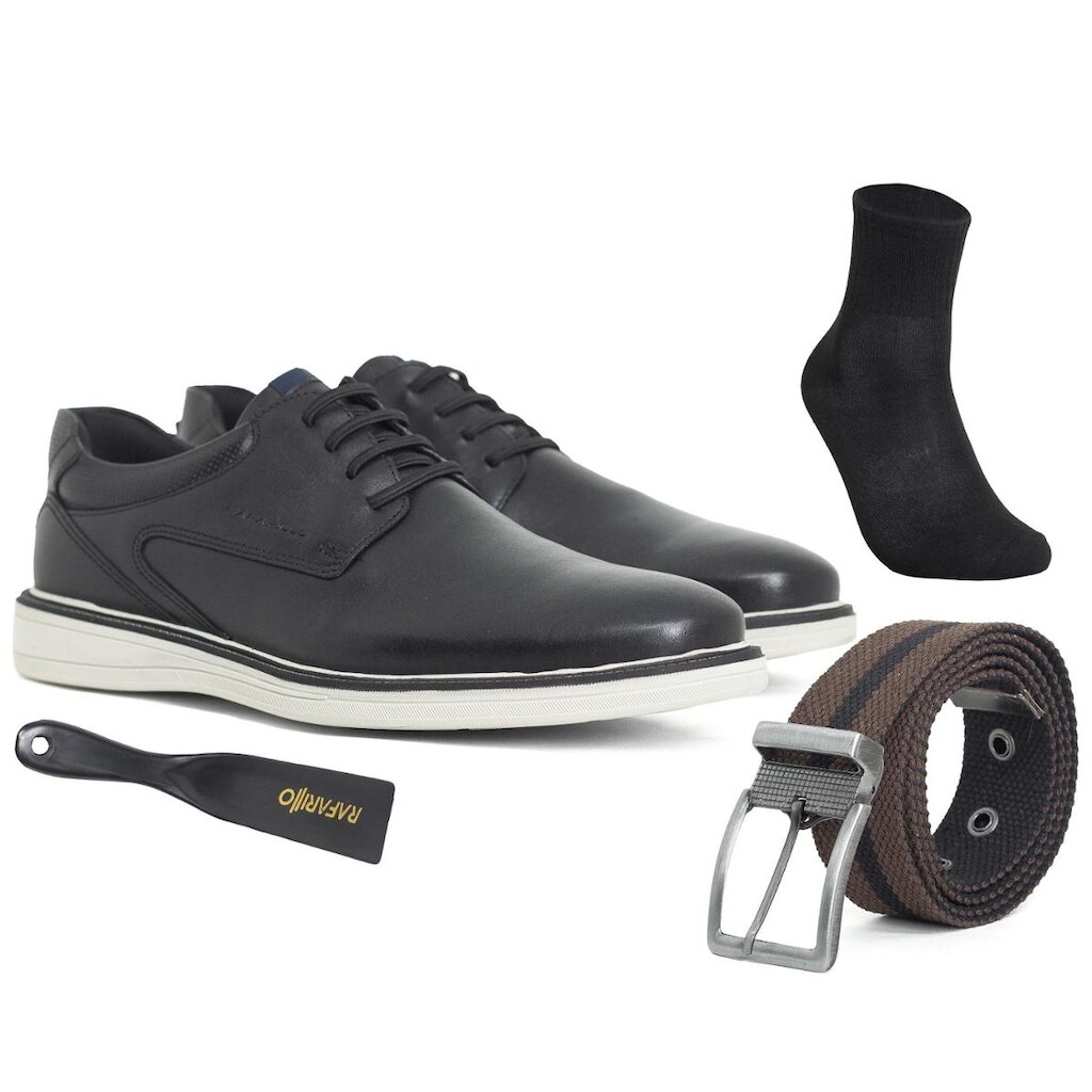 Kit 4 em 1 Sapato Social Masculino Rafarillo Couro Confortável Meia Cinto Calçadeira