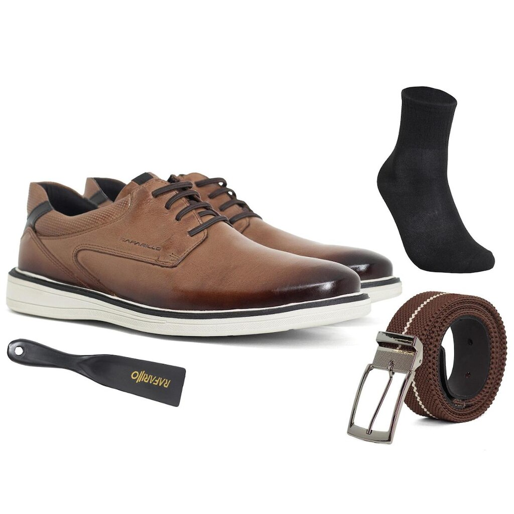 Kit 4 em 1 Sapato Social Masculino Rafarillo Couro Confortável Meia Cinto Calçadeira
