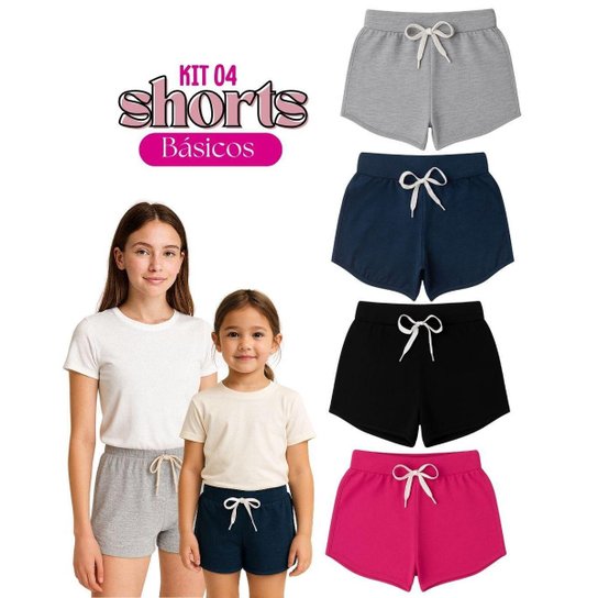 Kit 4 Shorts Infantil Juvenil Menina Algodão + Cotton Roupa Feminina Criança Bermuda Verão 04-16