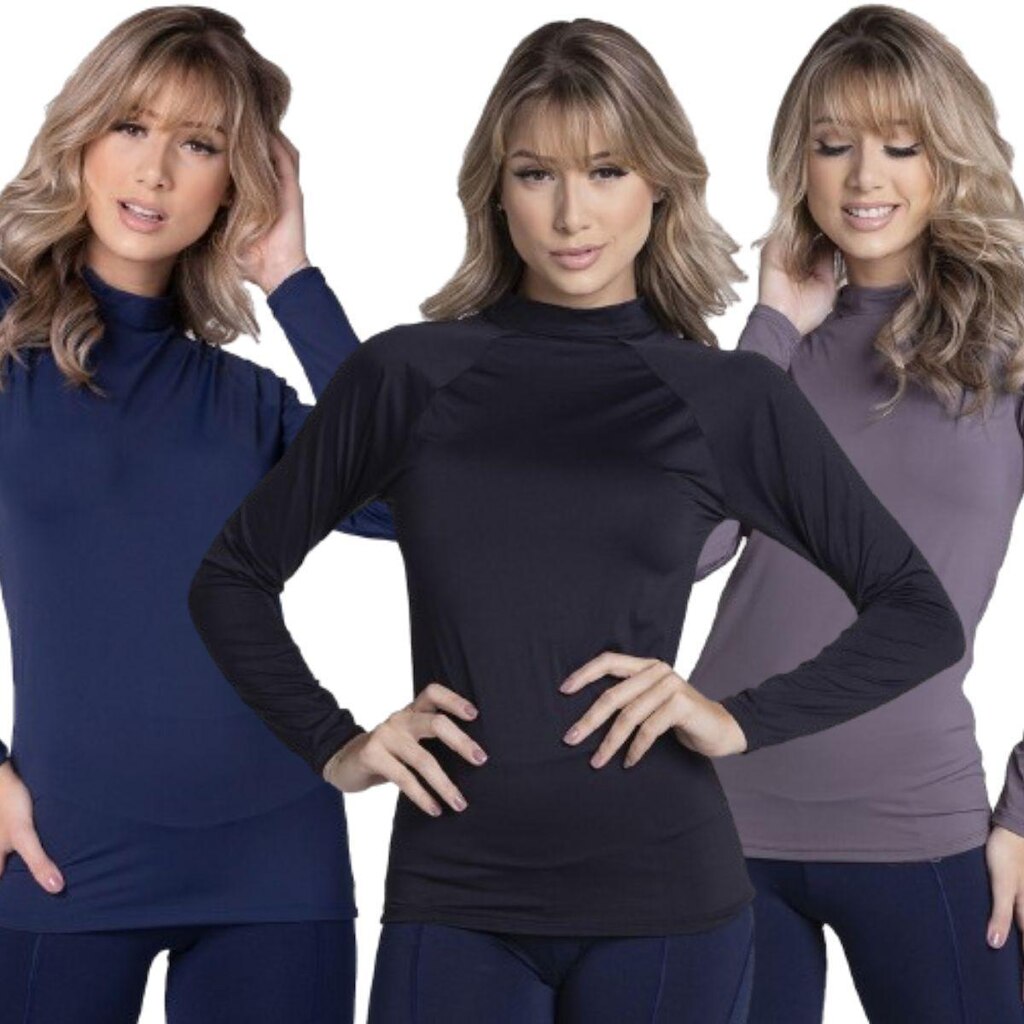 KIT 5 Blusa Térmica Poliester Bella Fiore Proteção UV Manga Longa Segunda Pele Moda Fitness