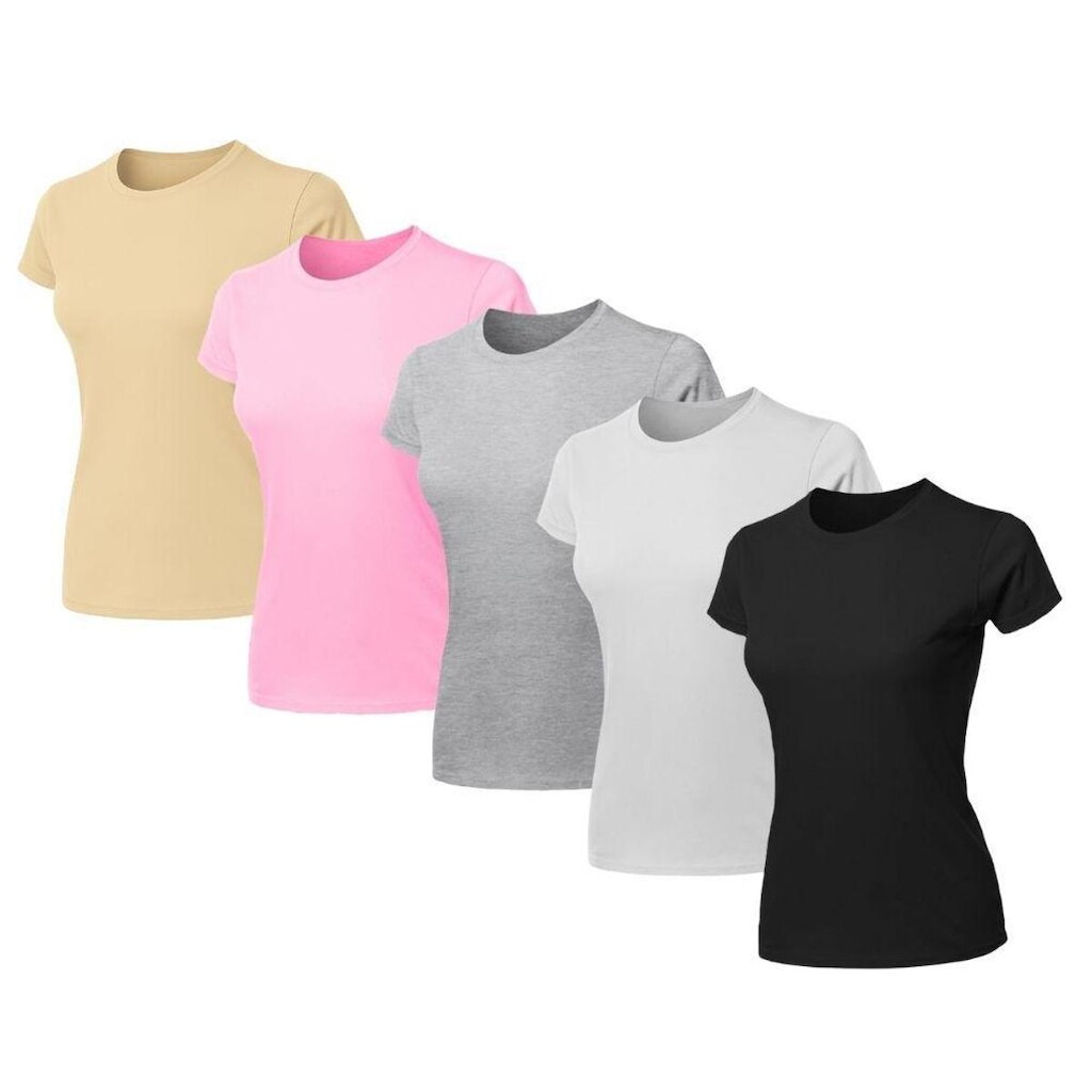 Kit 5 Blusas Feminina Baby Look Camiseta Lisa Básica Algodão Gola Redonda Slim Fit T-Shirt Casual